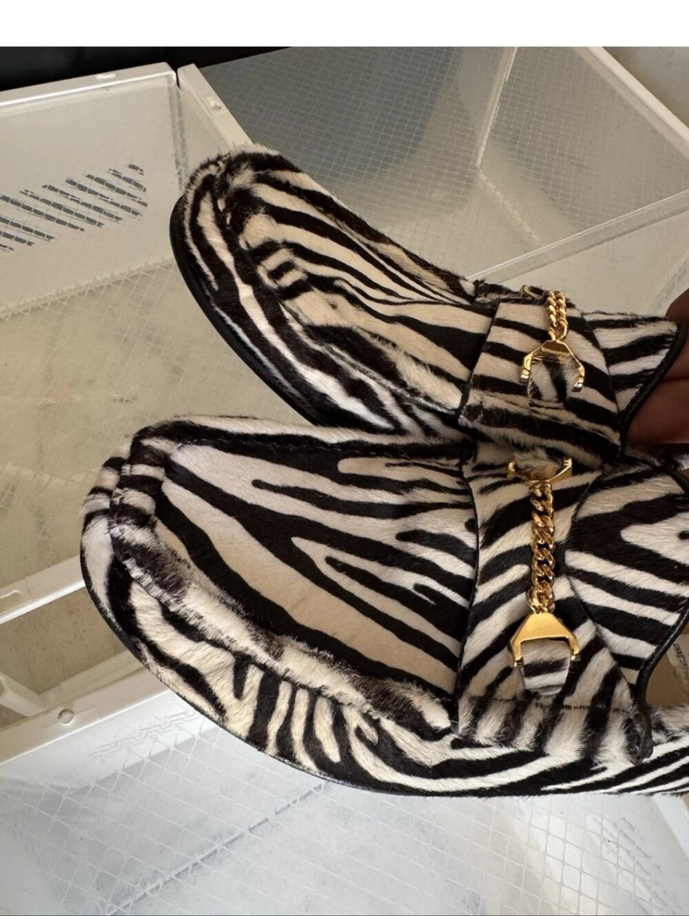Men Zebra Print Hair Loafers with Gold Chain Accent - Picture 2 of 10